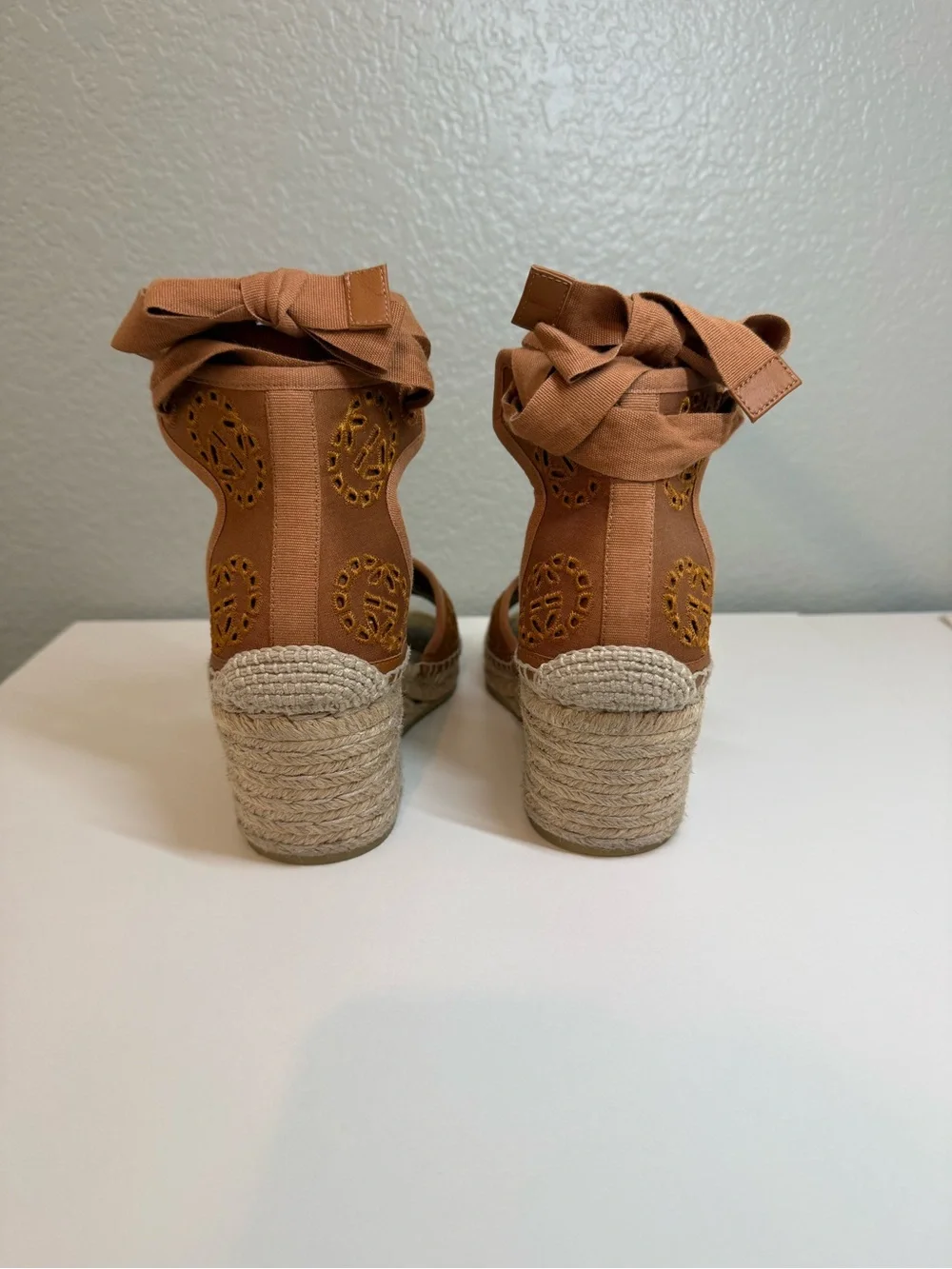 Gucci Brown Embroidered Espadrille Wedge Sandals with Ankle Wraps